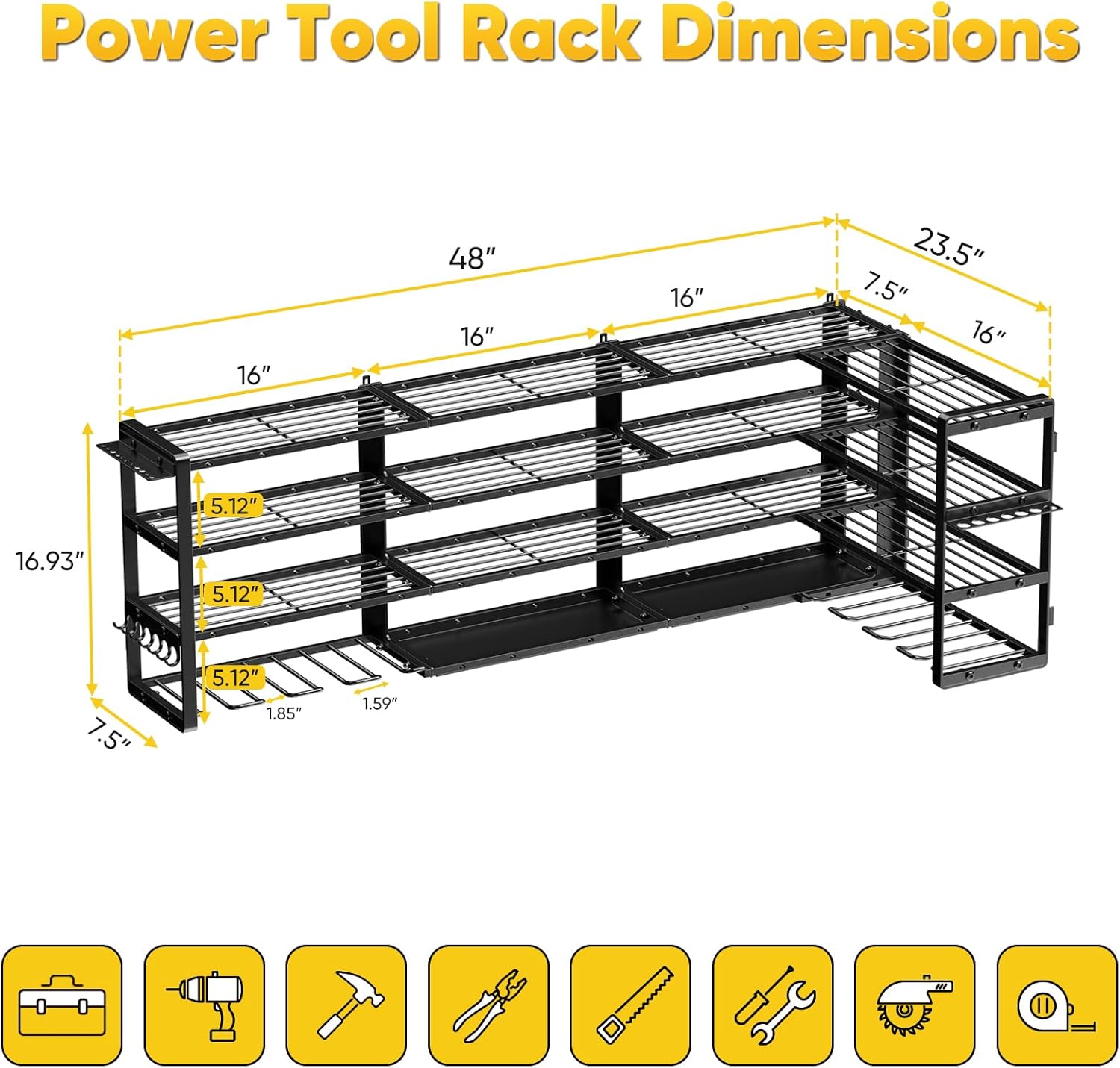 64" Super-Duty Power-Tool Organizer Wall Mount – Holds 8 Drills, 800 lb, 3 Layouts