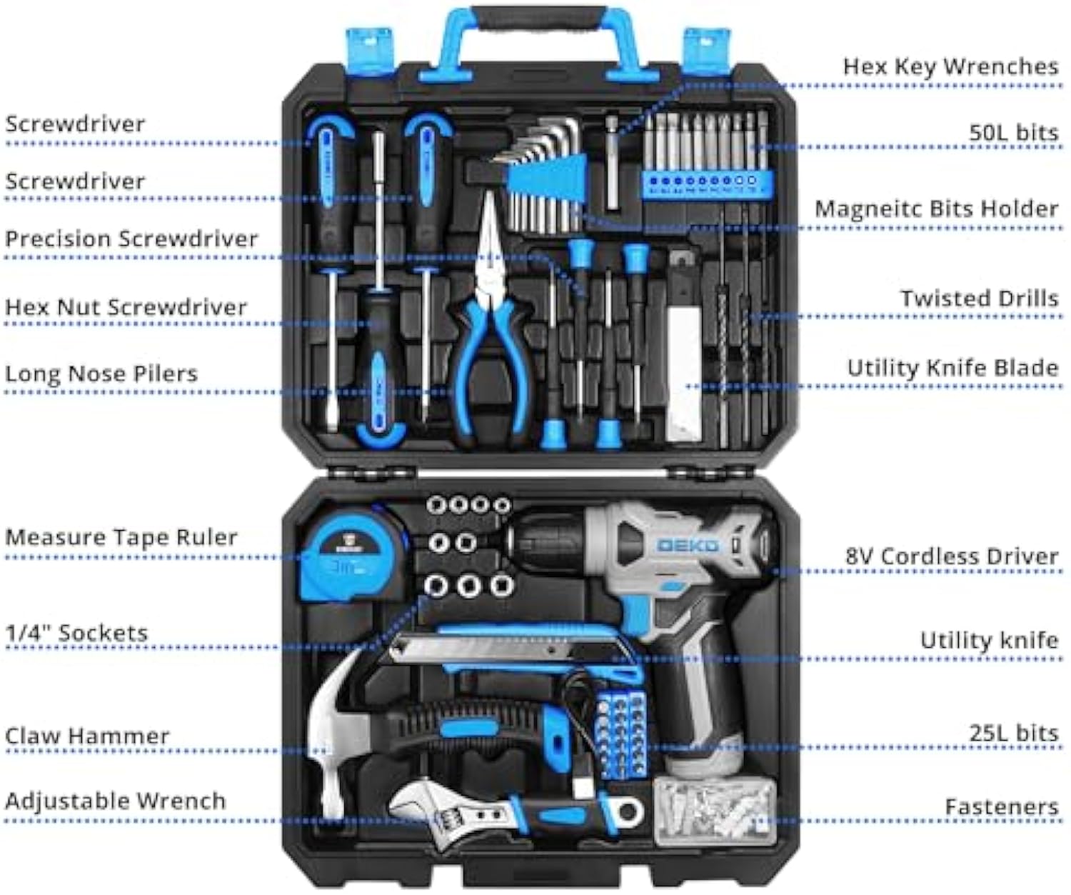 8V Cordless Drill Driver Kit – 1.5 Ah Battery, Type-C, LED Light, 55-Piece Tool Set