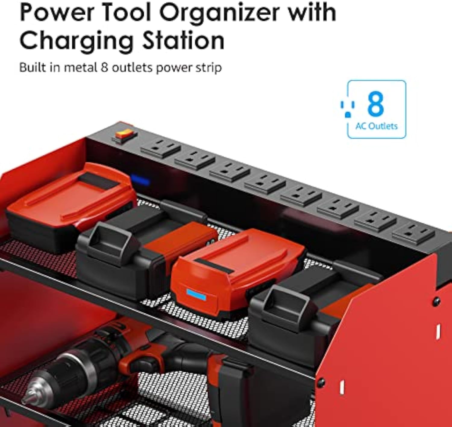 16.5" Power-Tool Organizer Wall Mount with 8-Outlet Charging Station